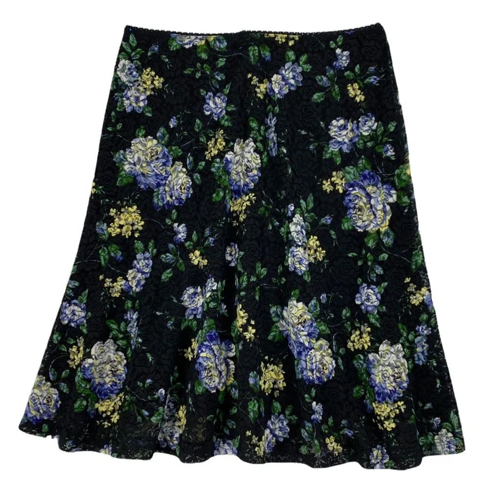 Vintage Black Floral Stretch Lace Midi Length Skirt by Tailor B.Moss USA